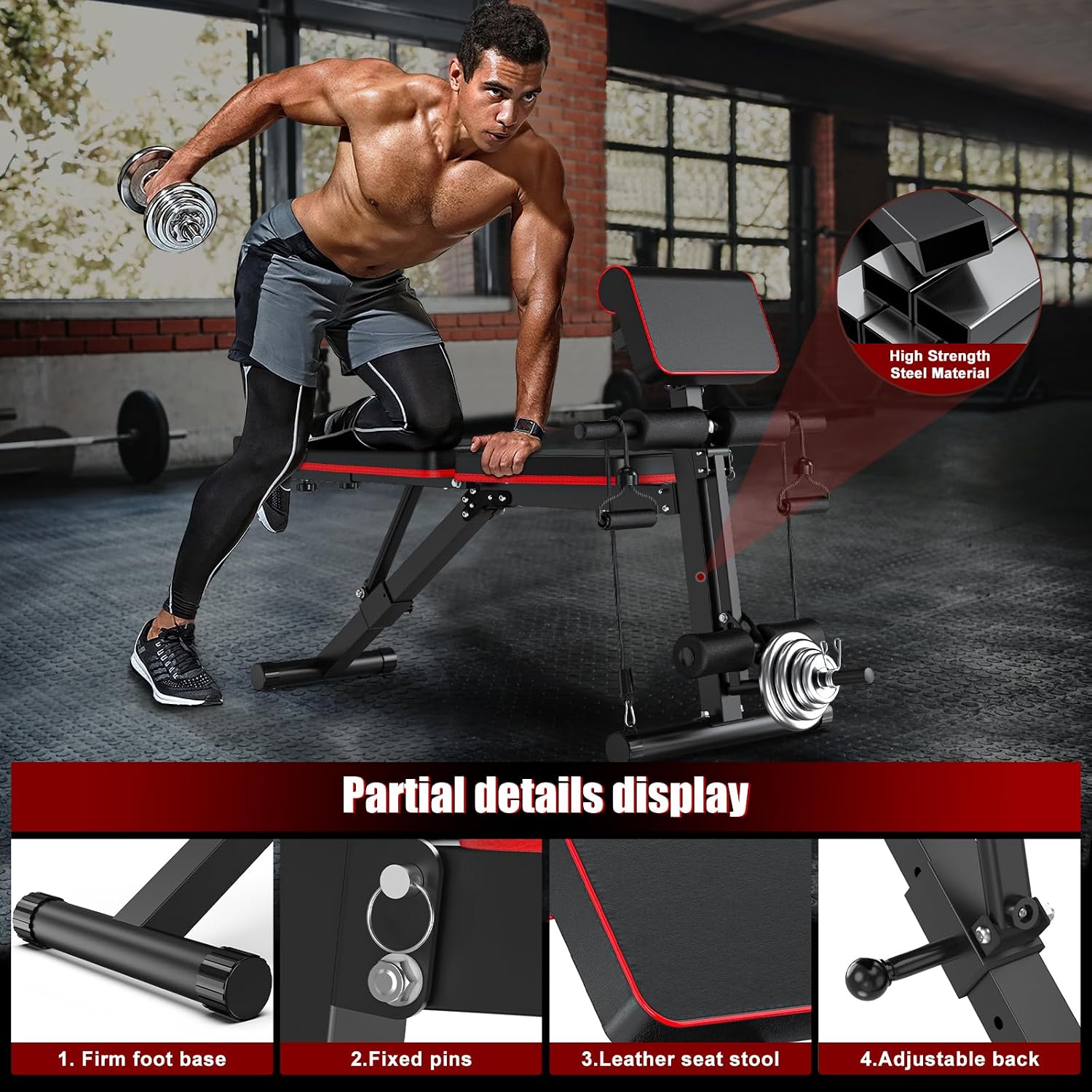 XDDIAS Adjustable Weight Bench, Workout Bench with Leg Extension and Preacher Curl Pad, Weight Bench for Home Gym, Foldable Exercise Bench, Quick Adjustment Incline Bench Press