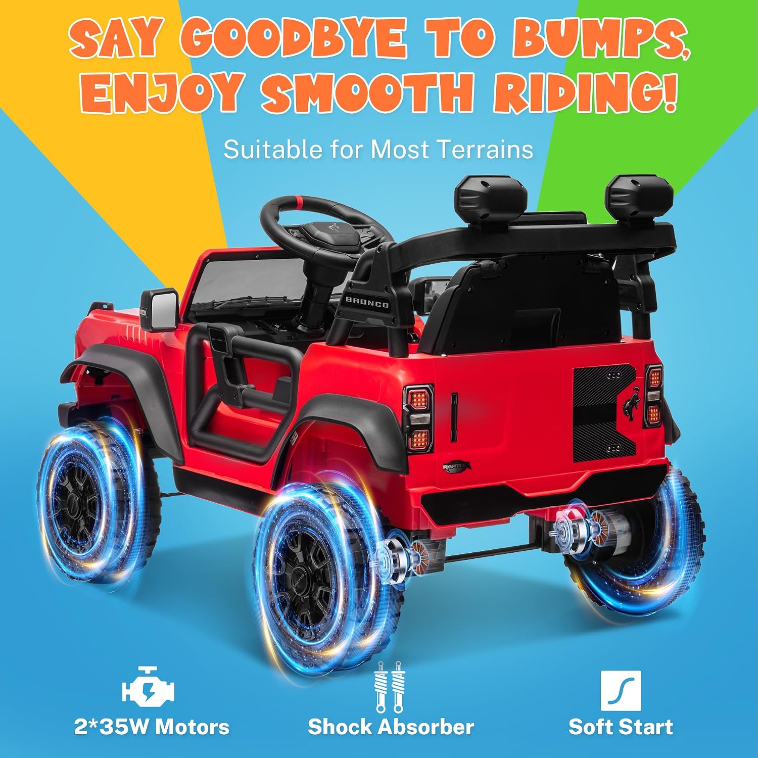 ENYOPRO 12V Kids Ride on Car Licensed Ford Bronco Raptor, Toddler Electric Car with Remote Control, Battery Powered Ride on Toy Truck w/LED Lights, Music Player, Horn, Seat Belt, Soft Start (Red)