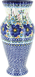 Blue Rose Polish Pottery - Garden of Blue Tall Vase - 11' Tall - Ceramic Flower Vase, Decorative Floral Design for Table, Shelf or Mantel Décor