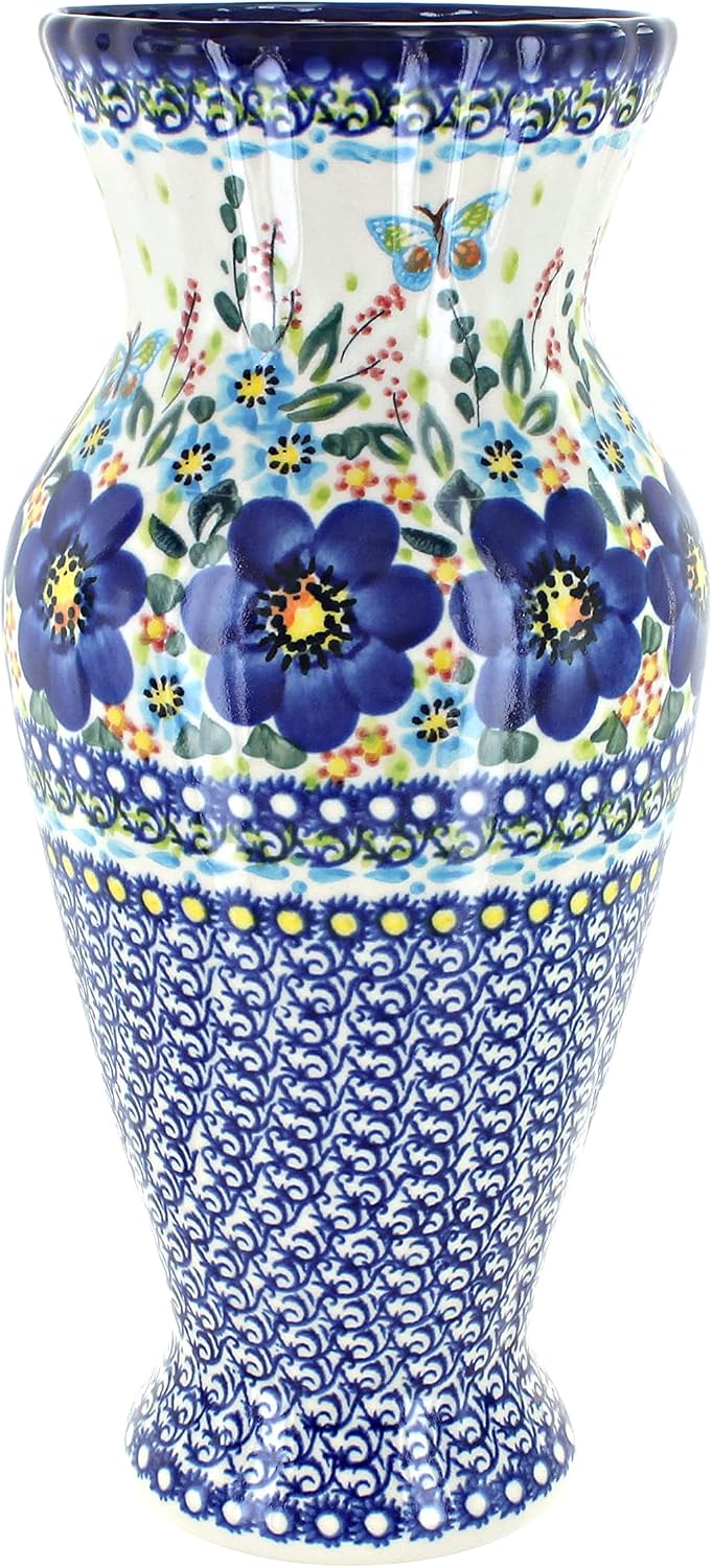 Blue Rose Polish Pottery - Garden of Blue Tall Vase - 11' Tall - Ceramic Flower Vase, Decorative Floral Design for Table, Shelf or Mantel Décor