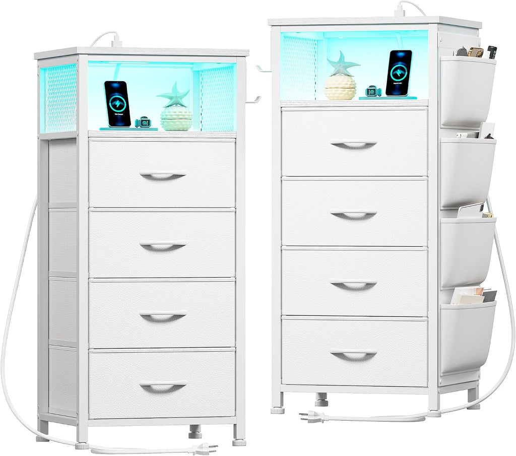 White Nightstand Set of 2,LED Night stand with Charging Station,Fabric Bedside Table for Bedroom, Hallway, Entryway, Living Room, Closet, Sturdy Steel Frame, Wood Top, Cloth Bags, Hooks, White