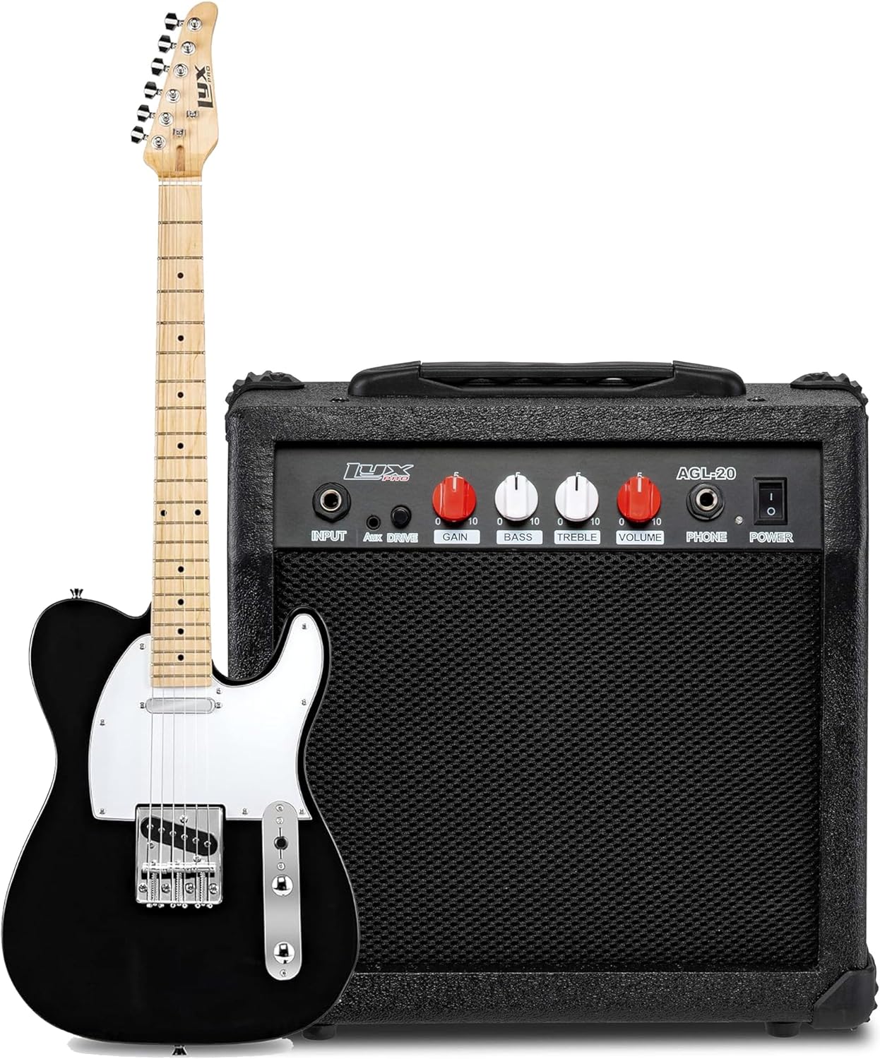LyxPro 39' Electric Guitar TL Series Full-Size Paulownia Body, 3-Ply Pickguard, 3-Way Switch & Volume/Tone Controls -Black with 20 Watt Amplifier - (Black)