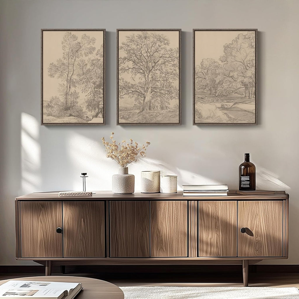 Large Vintage Framed Neutral Landscape Wall Art for Living Rooms, 3 Piece Retro Big Tree Sketch Botanical Forest Antique Canvas Artwork Set, Rustic Nature Wabi Sabi Art Prints for Hallway Home Office 24x36 Inch