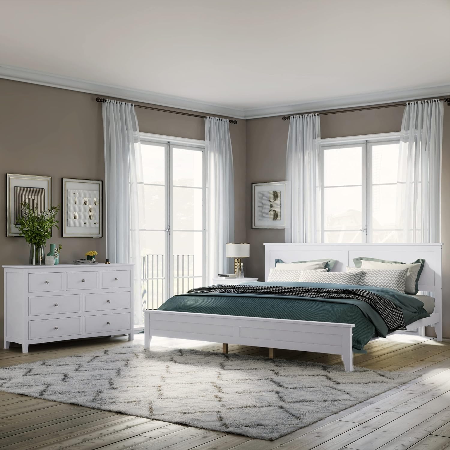 White Solid Wood 3 Pcs King Bedroom Sets