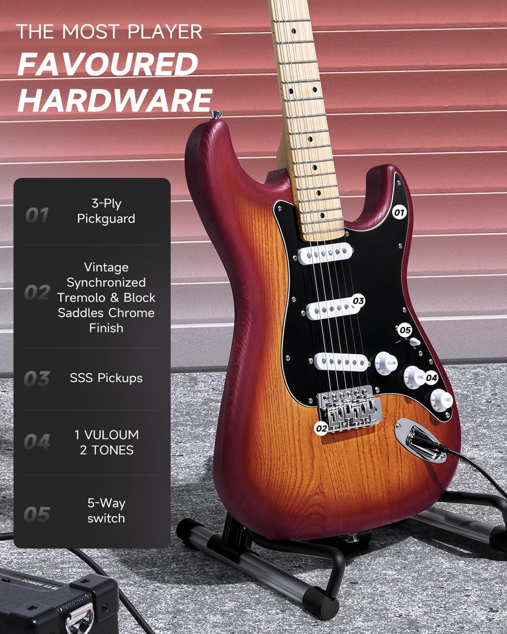 DONNER DST-80 Electric Guitar 39' Beginner Electric Guitar Kit with Amp, Classic SSS Pickup Complete with Gig Bag, Tuner, Capo, Strap, Picks, and Free Online Lessons, CherryBurst
