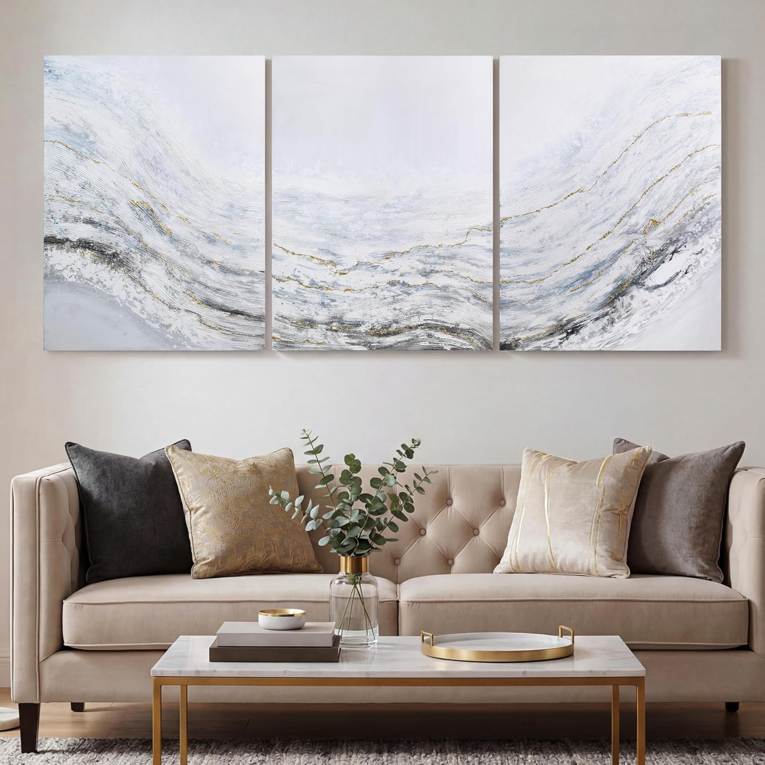 Empire Art Direct Abstract Wall Art Textured Hand Painted Canvas by Martin Edwards, Triptych, 40' x 30' each, Blizzard