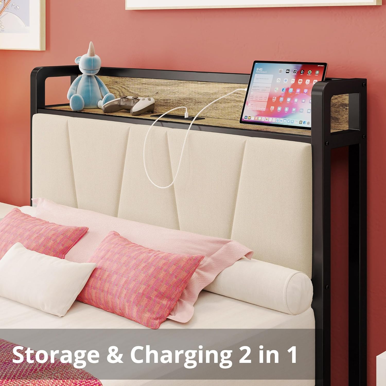 LIKIMIO Twin XL Bed Frames, Storage Headboard with Charging Station, Solid and Stable, Noise Free, No Box Spring Needed, Easy Assembly (Walnut and Beige)