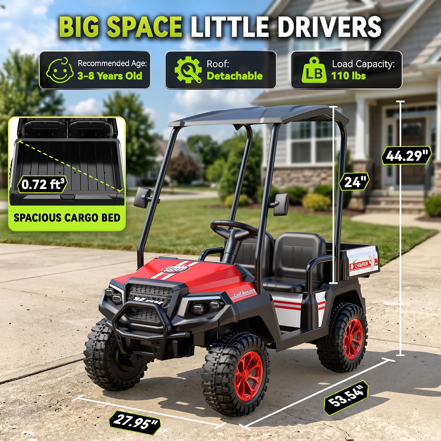 24V Kids Golf Cart w/Detachable Awning–4WD 2 Seater Ride on Car w/Large Storage Trunk, Remote Control, 3 Speeds, Music Player, LED Lights, Ride On Toys, Gift for Kids Ages 3-8(Red)