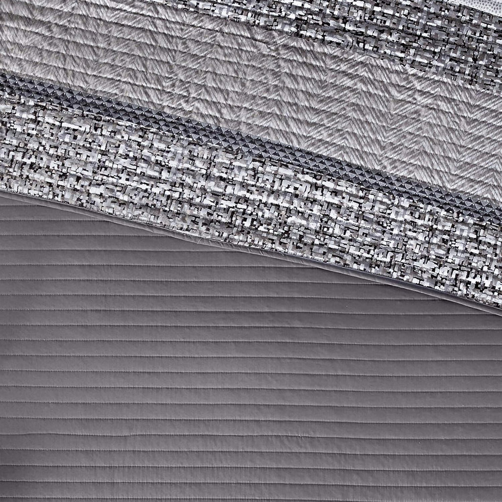 Madison Park King Quilt Set Lustrous Jacquard & Glitter Accent Coverlet Set - All Season, Lightweight Quilt Set, Shams, Decorative Pillow, King/Cal King Chevron Grey/Taupe