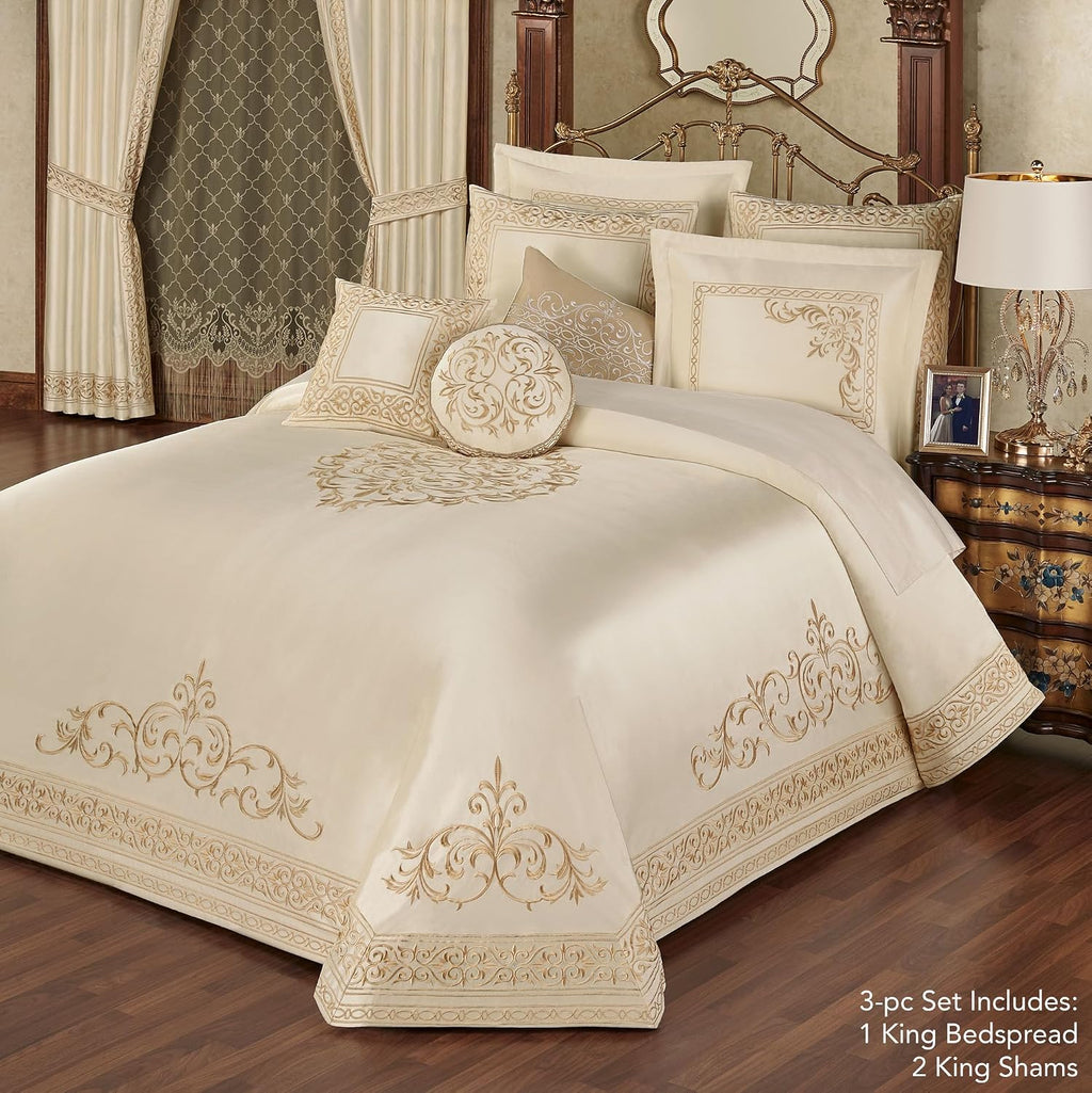Touch of Class Versailles Luxury Bedding | Classic Neutral Pearl | Palace-Inspired French Style Golden Scrollwork Embroidery on Sateen | Designed 3 Piece Set: King Bedspread & 2 King Shams