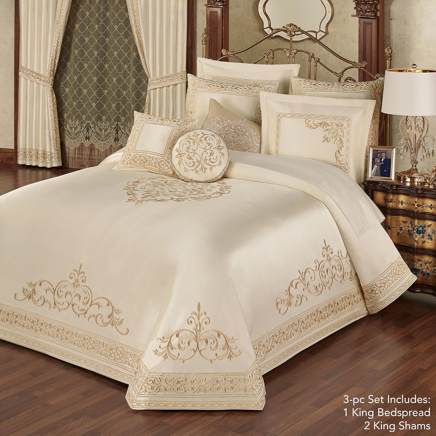 Touch of Class Versailles Luxury Bedding | Classic Neutral Pearl | Palace-Inspired French Style Golden Scrollwork Embroidery on Sateen | Designed 3 Piece Set: King Bedspread & 2 King Shams