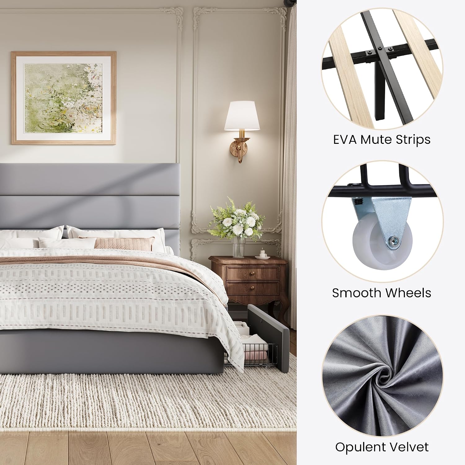 SHA CERLIN Full Size Platform Bed Frame with 4 Storage Drawers, Velvet Upholstered Headboard, Mattress Foundation with Wooden Slats Support, No Box Spring Needed, Easy Assembly, Grey