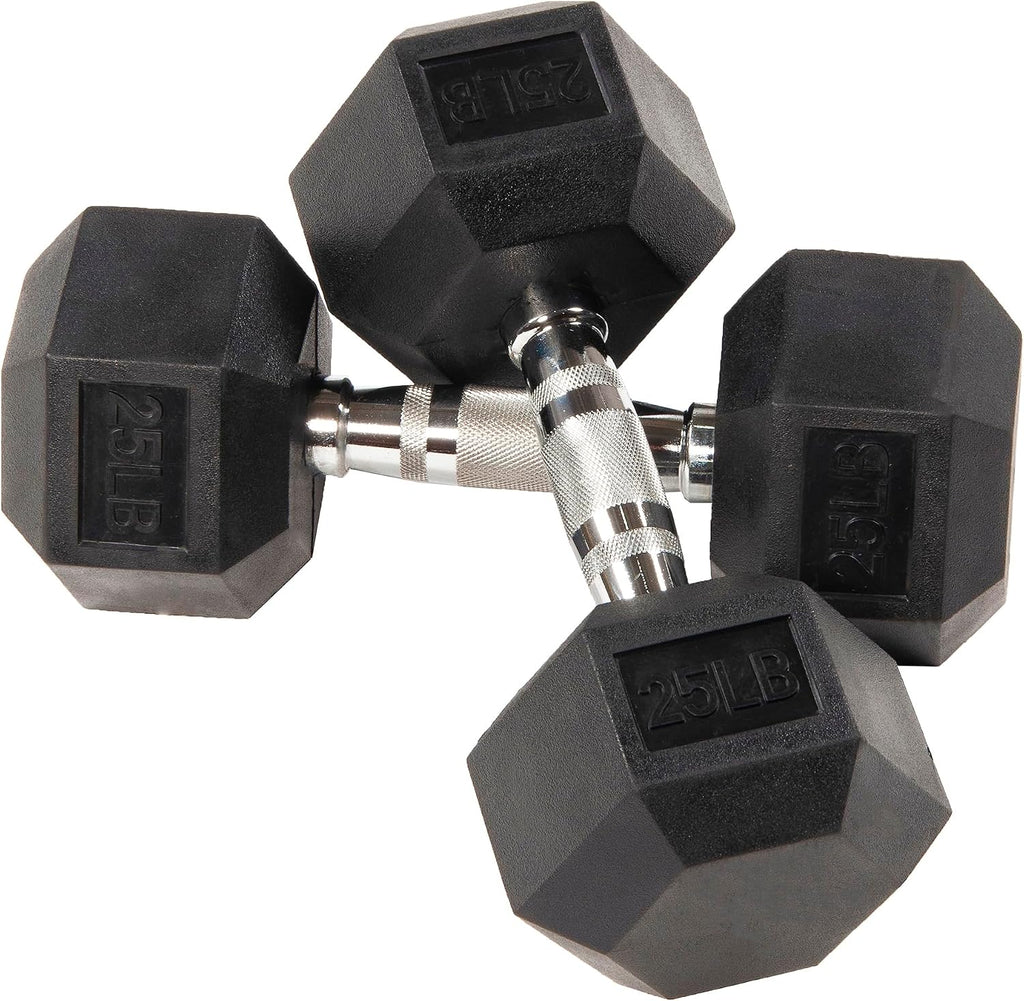 Signature Fitness Fitvids Rubber Encased Hex Dumbbell – 25LB Pair with 2-Tier Rack – 25LB Pair with 2T-Rack, Bundle – Black