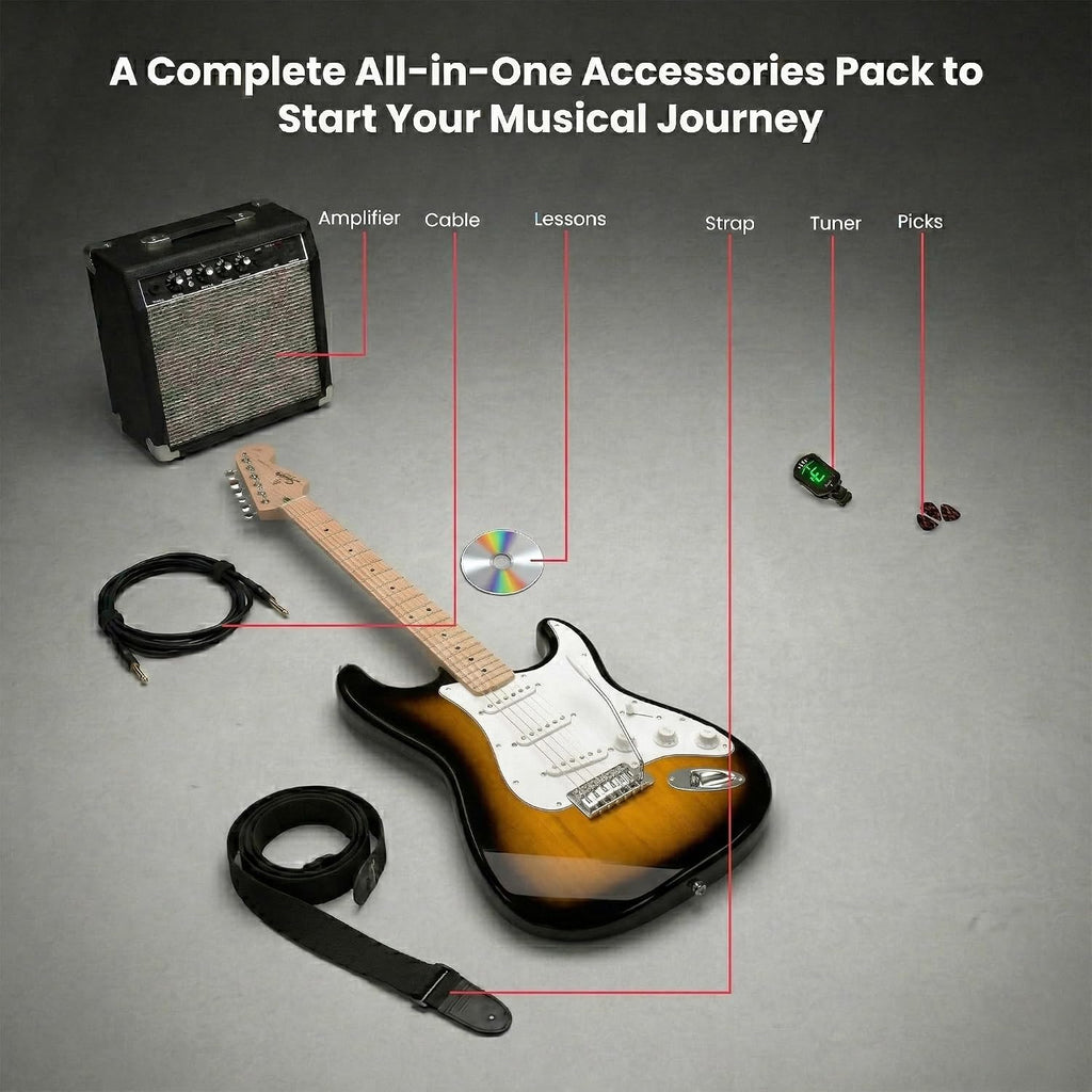 Fender Squier Sonic Stratocaster - 2-Color Sunburst Bundle with Frontman 10G Amp, Cable, Tuner, Strap, Picks, and Austin Bazaar Guitar DVD
