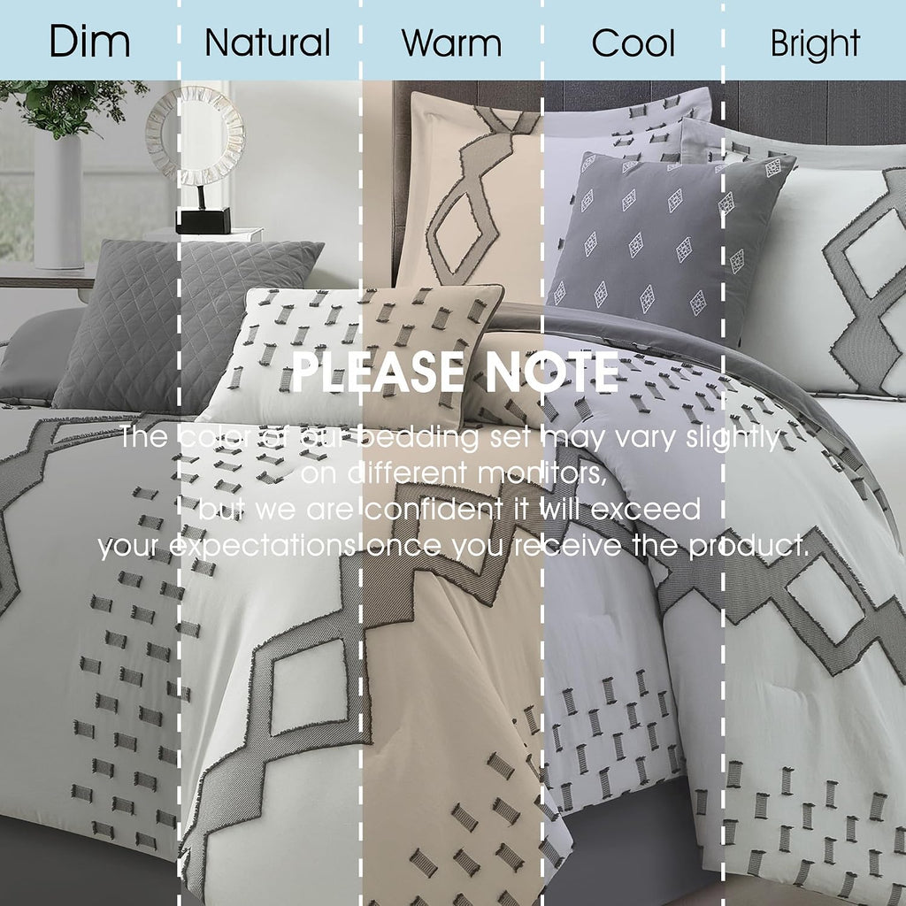 LANCO MODERN LIFESTYLE 7 Piece Grey and White Comforter Set, King, Boho Home Decor, Geometric Clip Pattern Bedding Set for All Seasons, Bed in a Bag, Bedskirt, Shams and Decorative Pillows