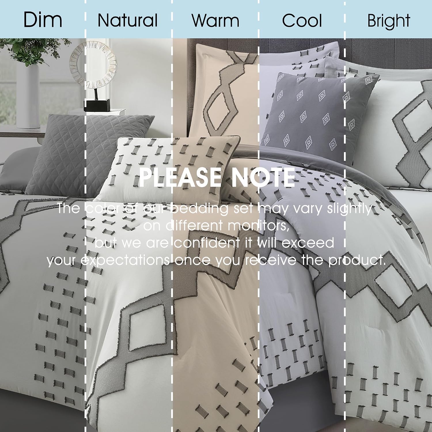 LANCO MODERN LIFESTYLE 7 Piece Grey and White Comforter Set, King, Boho Home Decor, Geometric Clip Pattern Bedding Set for All Seasons, Bed in a Bag, Bedskirt, Shams and Decorative Pillows