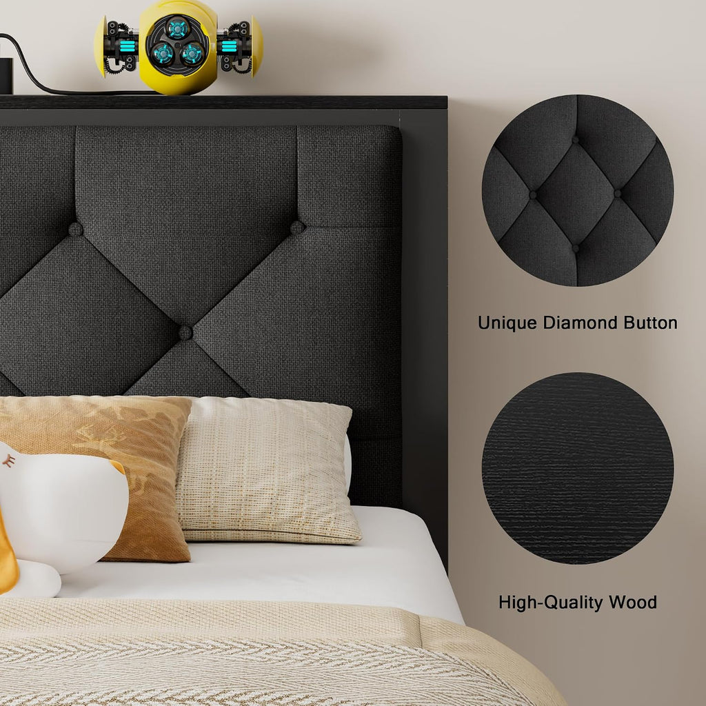 Einhomn Twin Bed Frame with Storage Drawer, Metal Platform Bed with Charging Station, Upholstered Linen Button Tufted Storage Headboard, No Box Spring Needed, Noise-Free, Easy Assembly, Black