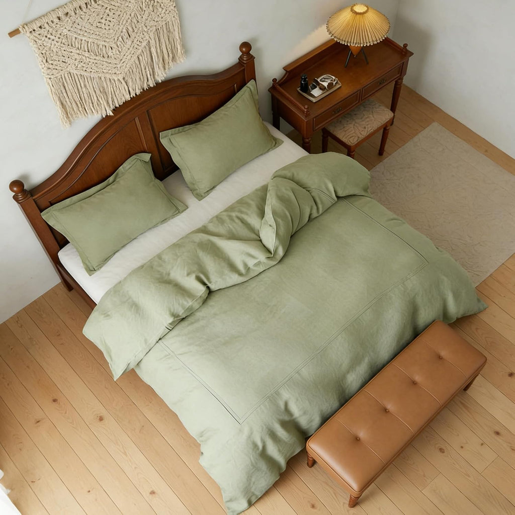 Simple&Opulence 100% Washed Linen Duvet Cover Set 104'x92' - 3 Pieces Soft Farmhouse Comforter Set Double Embroidered with Button Closure - 1 Duvet Cover and 2 Pillowshams (Sage Green, King)