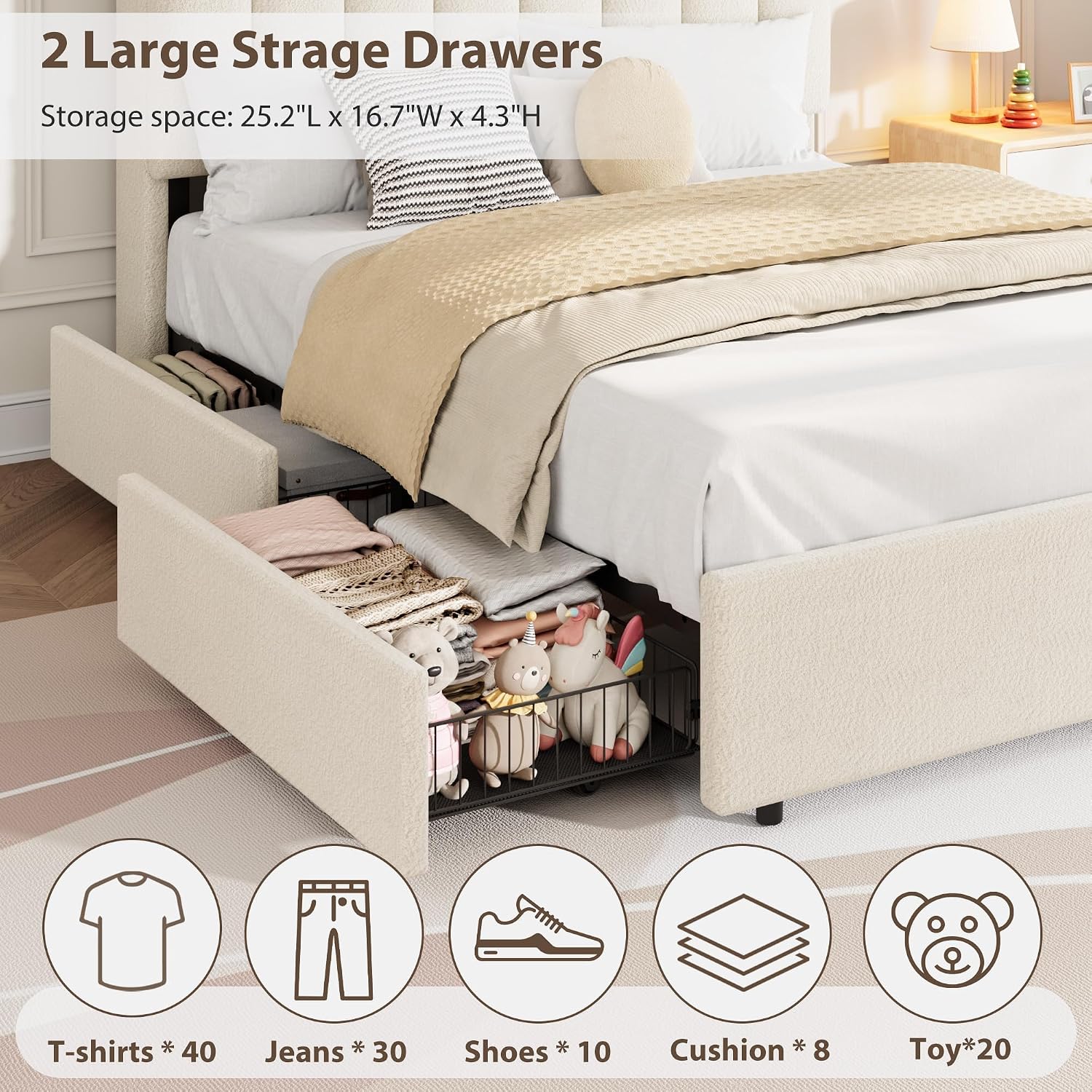 Garvee LED Full Size Bed Frame with Storage Headboard, Kids Bed Frame with 2 Drawers, Boucle Upholstered Platform Bed for Girls, Chic Wavy Headboard with Bookcase, No Box Spring Needed, White