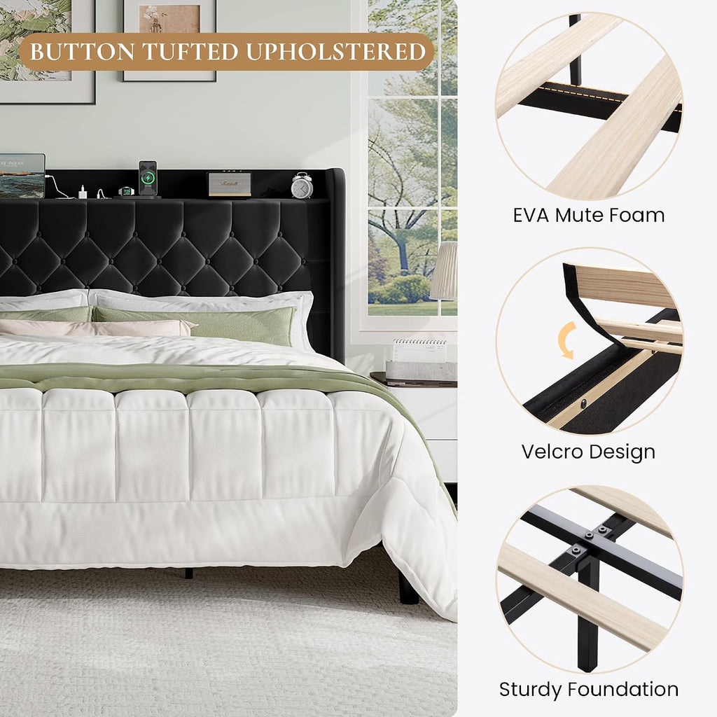 SHA CERLIN King Size Platform Bed Frame with Charging Station, Velvet Wingback Headboard with Storage Shelf, Wooden Slats Support, Ample Under-Bed Space, No Box Spring Needed, Easy Assembly, Black