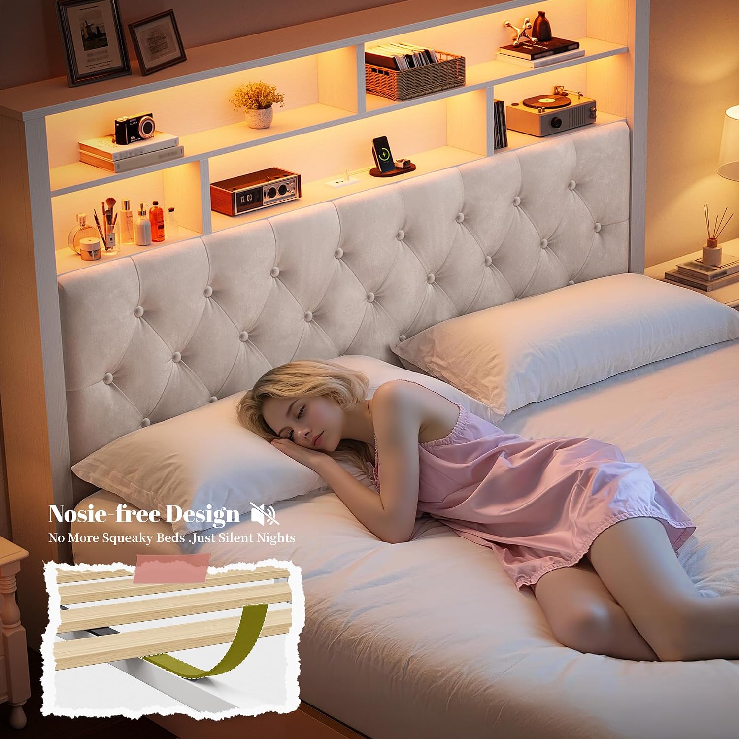 EnHomee Queen Bed Frame with Storage Headboard & 4 Drawers,Wooden Bed Frame Queen Size with Charging Station & LED Lights Upholstered,NO Noise,No Box Spring Needed,Beige