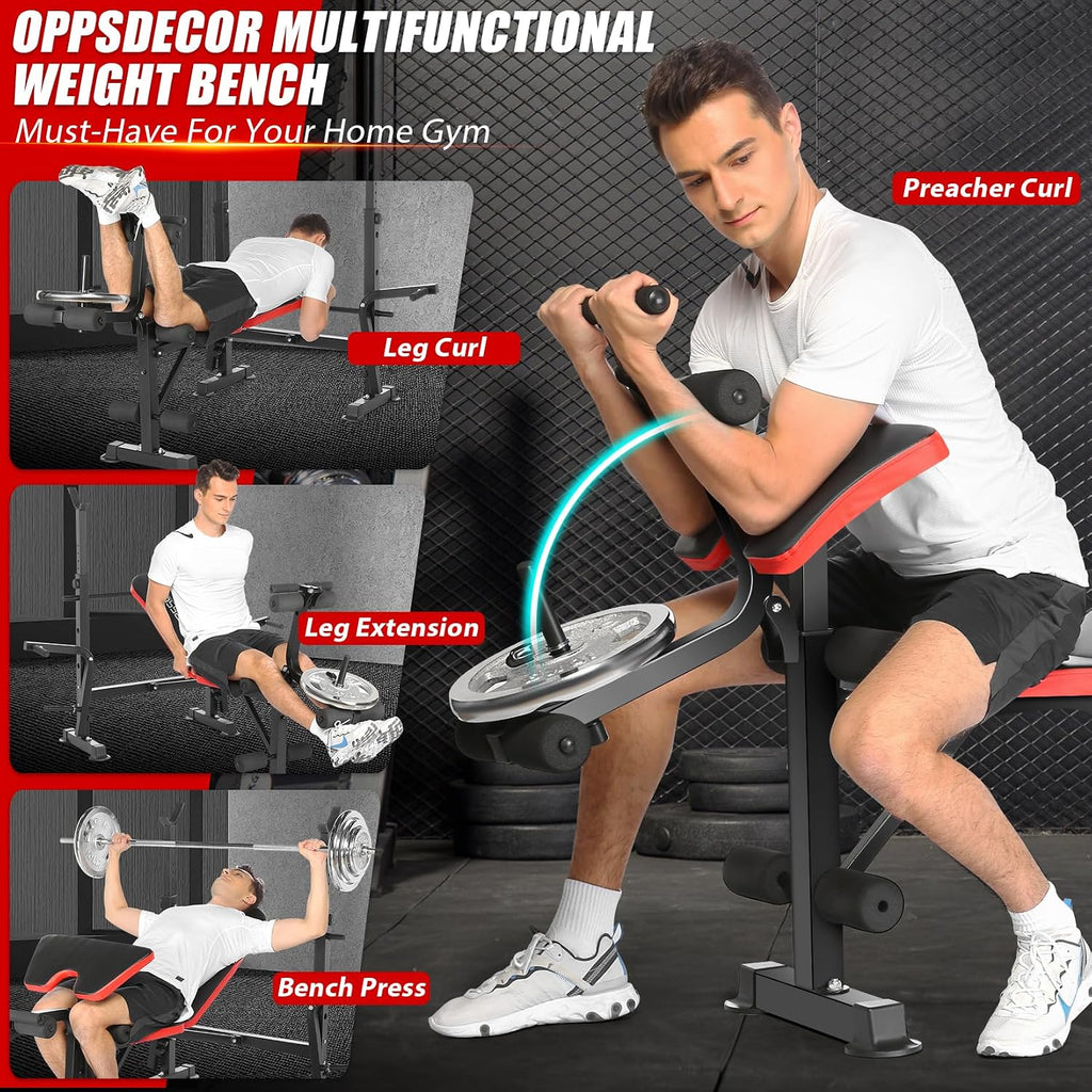 OPPSDECOR 6 in 1 900LBS Weight Bench with Leg Extension and Leg Curl, Foldable Bench Press Set and Squat Barbell Rack with Preacher Curl, Adjustable Workout Bench for Home Gym Strength Training PXZXYX1