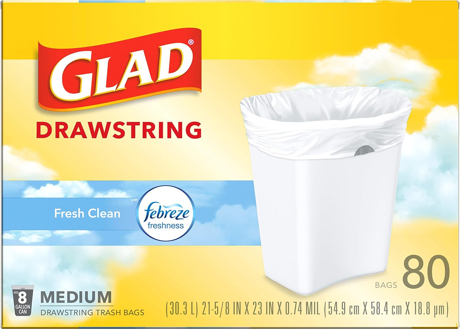 Glad Medium Trash Bags, 8 Gallon, Febreze Fresh Clean Garbage Bags, With Odor Control and Drawstring, 80 Count (Pack of 12)