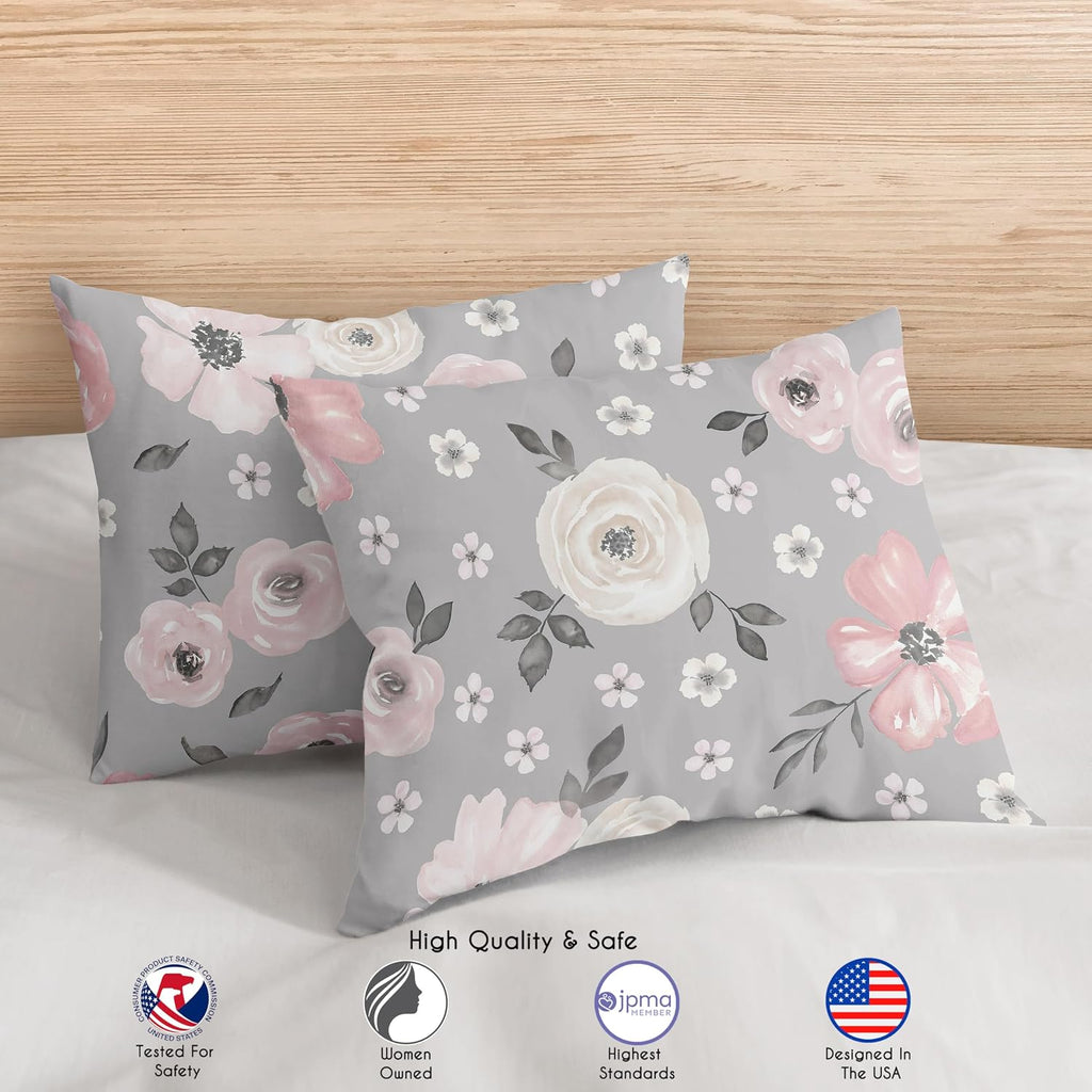 Sweet Jojo Designs Grey Watercolor Floral Girl Full/Queen Bedding Comforter Set Kids Childrens Size - 3 Pieces - Blush Pink Gray and White Shabby Chic Rose Flower Polka Dot Farmhouse