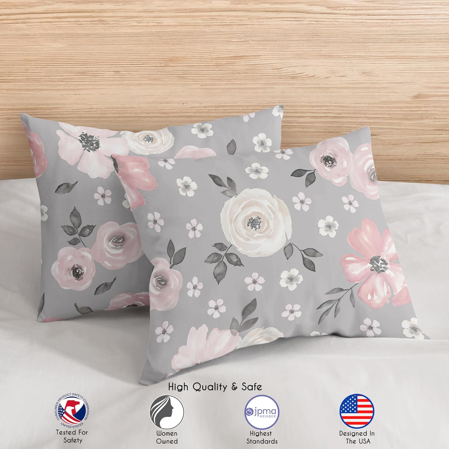 Sweet Jojo Designs Grey Watercolor Floral Girl Full/Queen Bedding Comforter Set Kids Childrens Size - 3 Pieces - Blush Pink Gray and White Shabby Chic Rose Flower Polka Dot Farmhouse