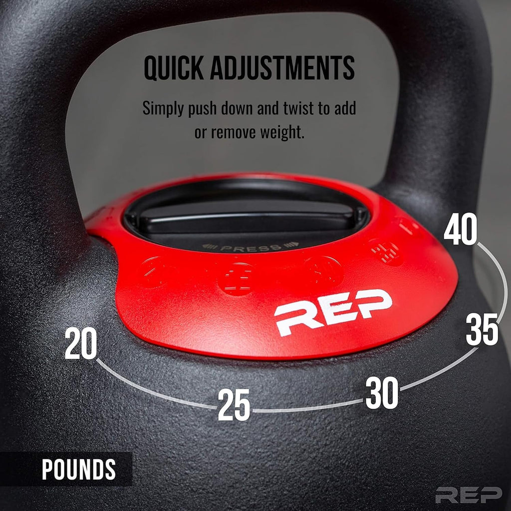 Rep Fitness Adjustable Kettlebell | Weight Set for Home Gym | Strength Training Equipment for Men & Women | Compact Steel Bell with Ergonomic Handle | 20–40 lb (9–18 kg) Variable Options