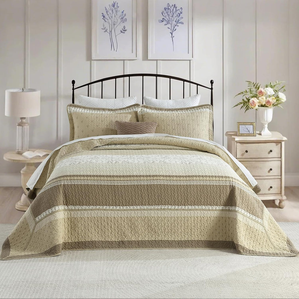 Finlonte 100% Cotton 120'x120' California King Bedspread, Cal King Size Quilted Bedspread Coverlet Extra Large Quilt Set, Floral Farmhouse XL Bed Spread Lightweight Comforter, Beige/Taupe/Cream, 3 pcs