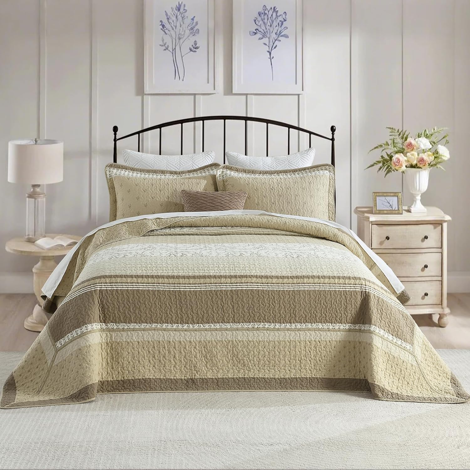 Finlonte 100% Cotton 120'x120' California King Bedspread, Cal King Size Quilted Bedspread Coverlet Extra Large Quilt Set, Floral Farmhouse XL Bed Spread Lightweight Comforter, Beige/Taupe/Cream, 3 pcs