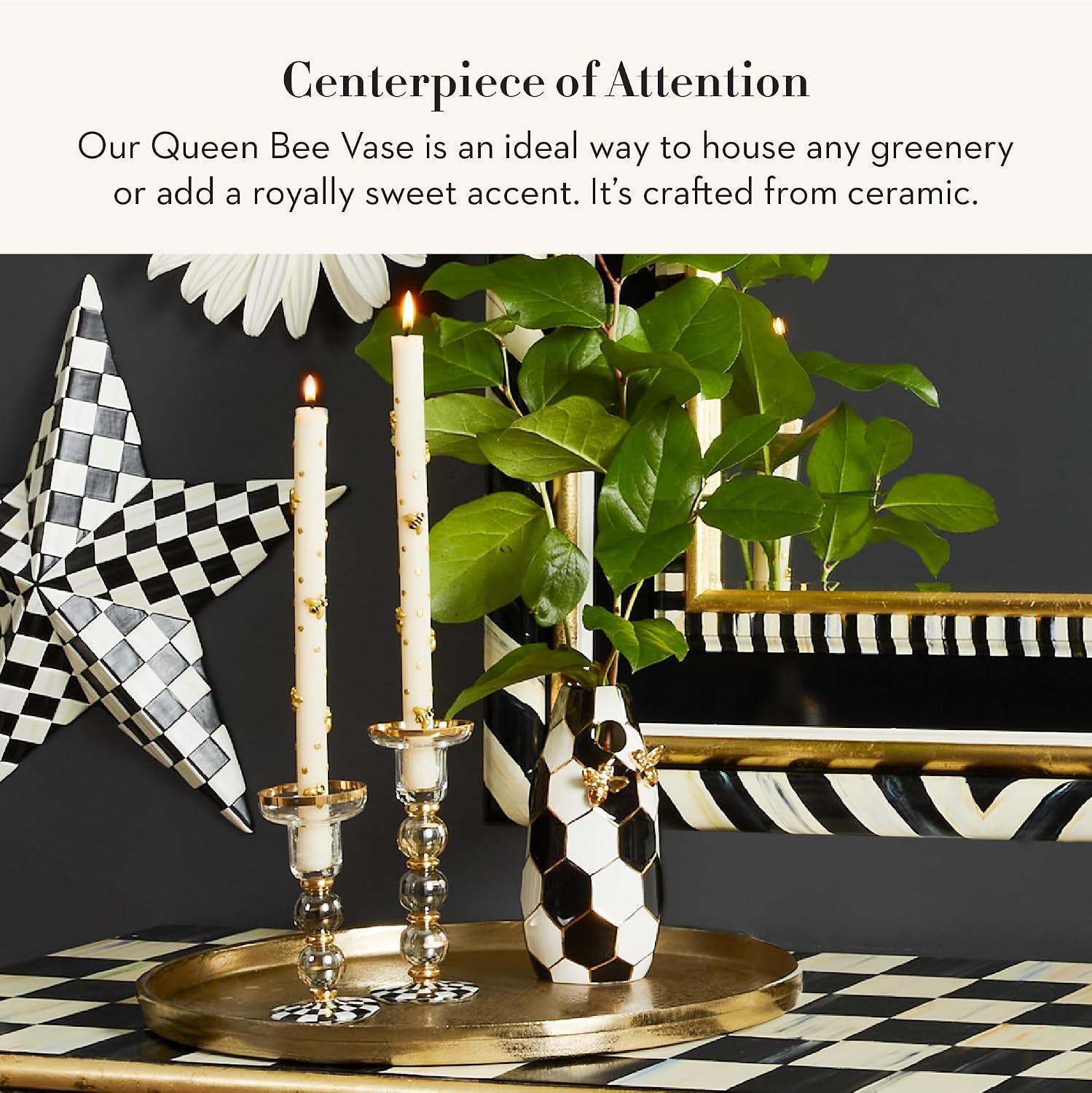 MACKENZIE-CHILDS Ceramic Flower Vase, Decor for Living Room or Bedroom, Black-and-White Queen Bee