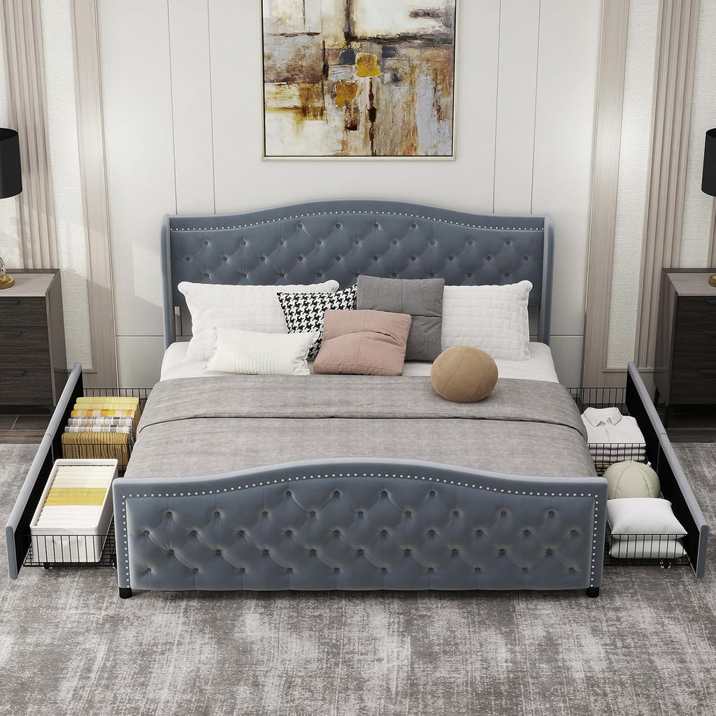 CANMOV King Size Upholstered Bed Frame with 4 Storage Drawers,Comfortable Fabric Platform Bed Frame with Wingback Headboard & Footboard,Wooden Slats Support,No Box Spring Needed,Dark Grey