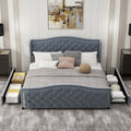 CANMOV King Size Upholstered Bed Frame with 4 Storage Drawers,Comfortable Fabric Platform Bed Frame with Wingback Headboard & Footboard,Wooden Slats Support,No Box Spring Needed,Dark Grey