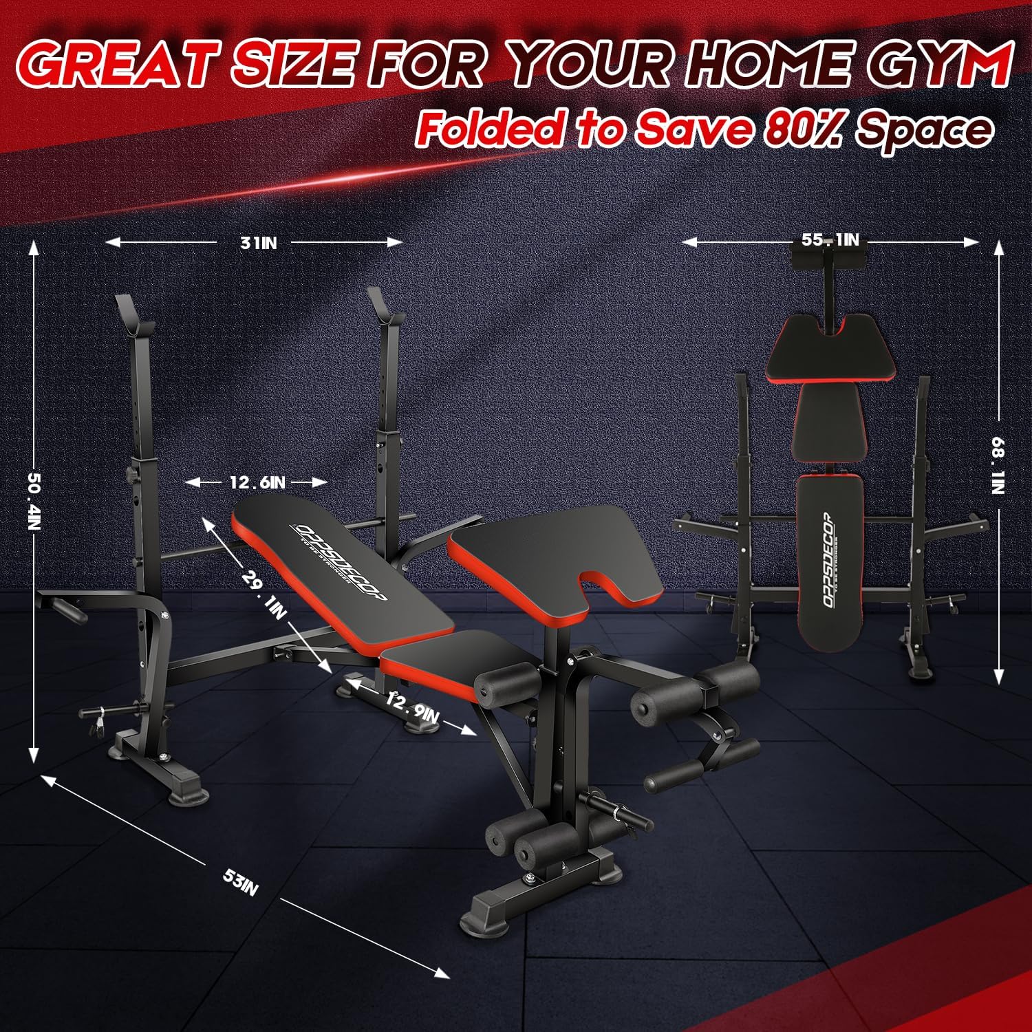 OPPSDECOR 900lbs 6 in 1 Weight Bench Set with Squat Rack, Workout Bench with Leg Extension Preacher Curl Rack Multi-Function Bench Press Set for Home Gym, ZWX1113 New Version Weight Bench