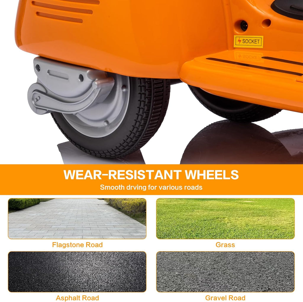 Licensed Vespa Kids Ride On Car with Side Car & Speaker | Motorcycle 2 Seater Three Wheeled Toy Car Rechargeable with Music Player, Volume Button, Lights, USB Plug, Forward, Backward, Orange