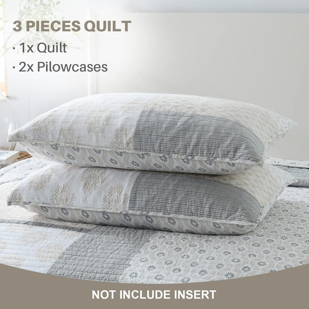 Y-PLWOMEN King Size Quilt, 100% Cotton Lightweight Soft King Quilt, Cream Grey White Quilted Bedspread, Patchwork Reversible Quilt Bedding Set All Season, 3-Pieces1