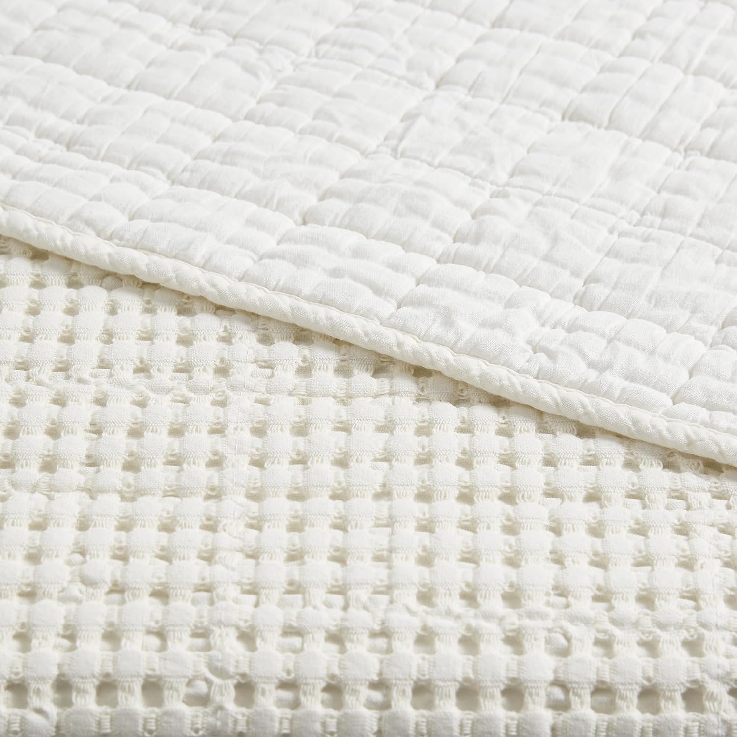 Levtex Home Mills Waffle King Bedspread Set (122x106in) with 2 Pillow Shams (36x20in) - Cream - Cotton Waffle King Size Bedspread Set - Soft, Pre-Washed