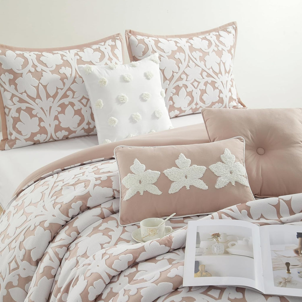 Grand Avenue 7 Piece Blush Comforter Set, King Size Jacquard Bedding Set, All Season Floral Leaves Bedding, Matching Pillows, Shams, Bed Skirt