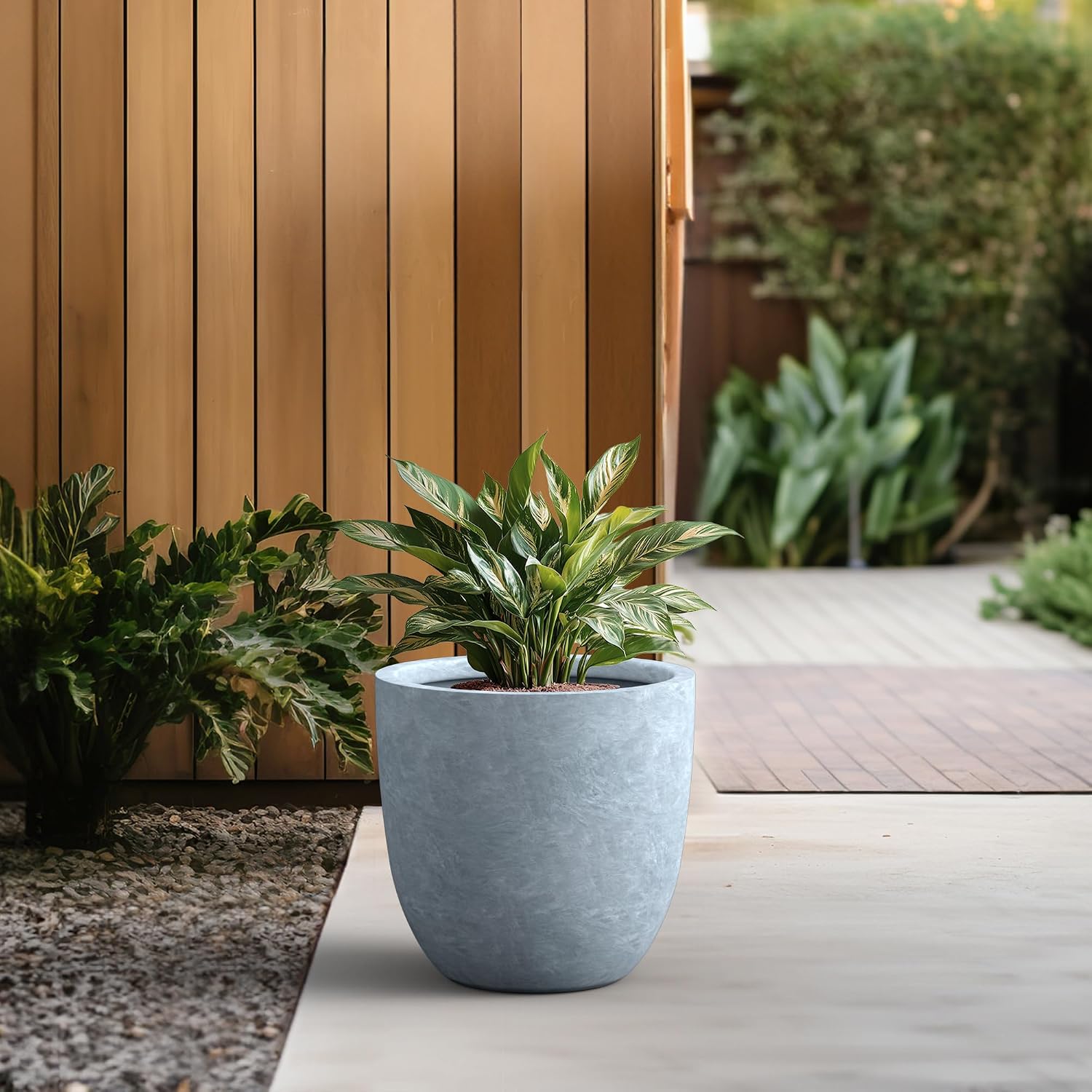 Kante 18 Inch Dia Round Concrete Planter, Indoor Outdoor Large Plant Pot with Drainage Hole and Rubber Plug for Home Patio Garden, Gray
