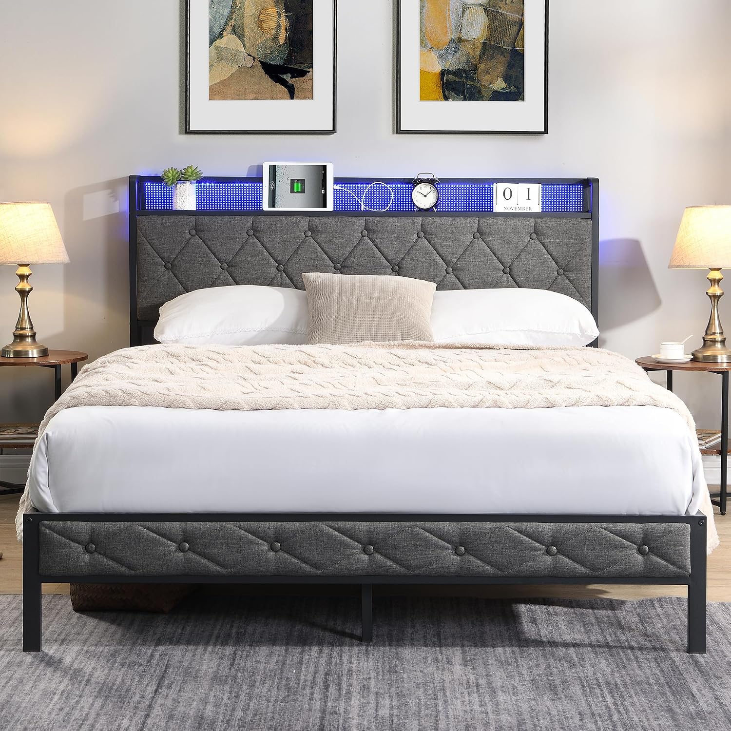 Full Size Bed Frames with Storage Headboard, LED Platform Bed Frame Full Size, Upholstered Bed Frame with Charging Station, No Box Spring Needed, Easy Assembly,Dark Gray