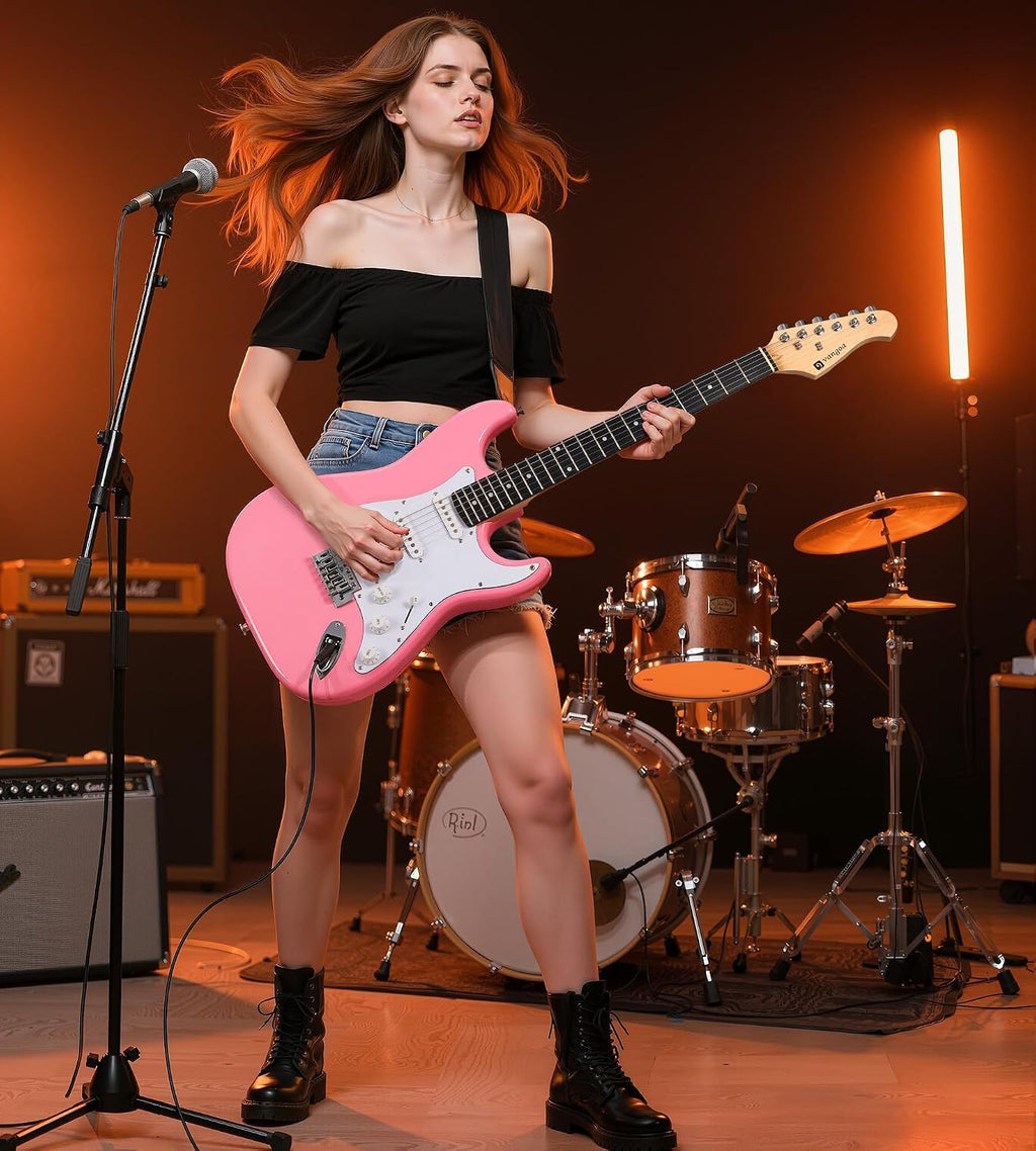Vangoa 39 Inch Full Size Electric Guitar Beginner Kit Solid Body Pink SSS Pickups with Amp, Bag, Tremolo Bar, Strings, Tuner, Picks, Strap, Capo, Cable for Starter Girls Adults Teens