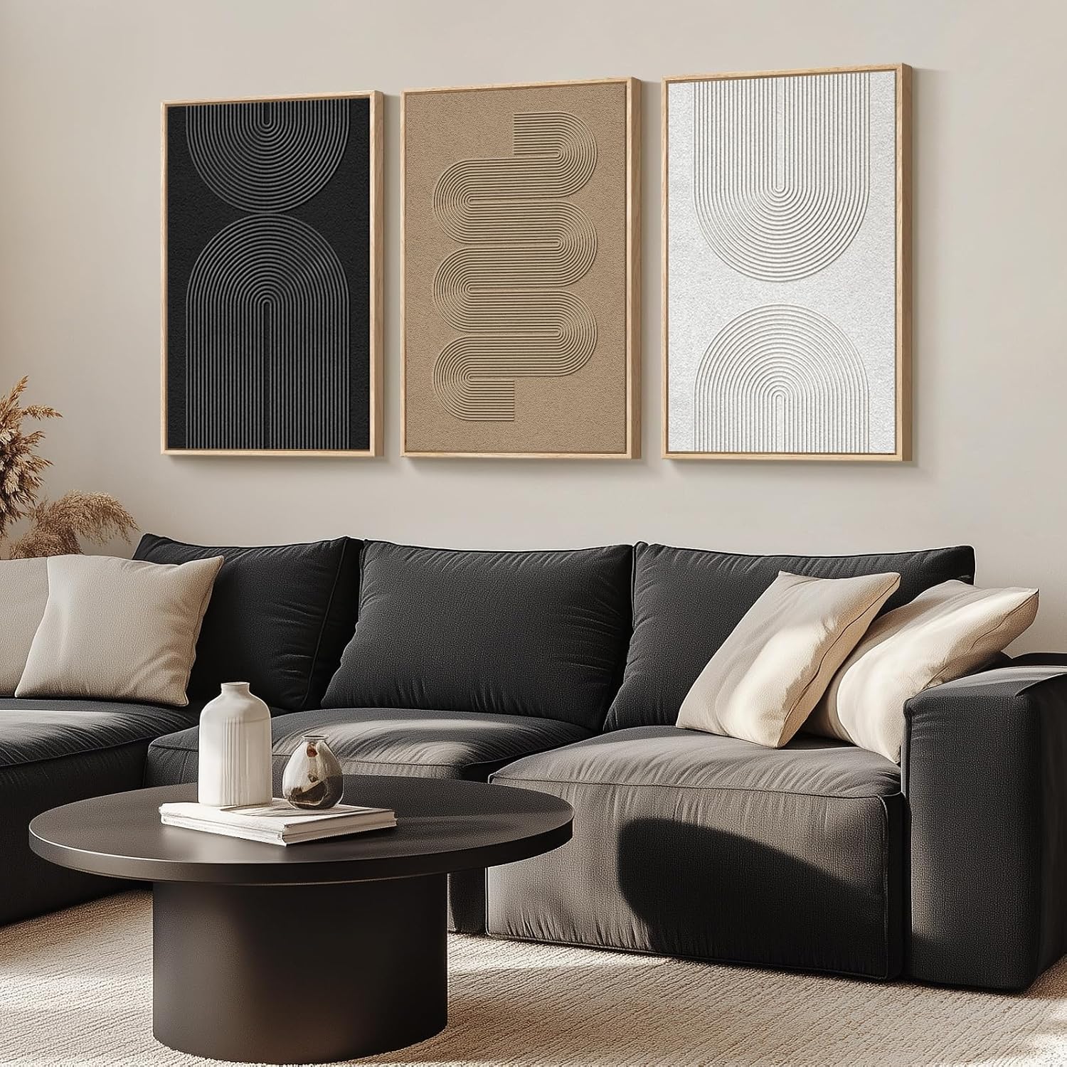 Large Framed Boho Modern Neutral Abstract Wall Art for Living Room, 3 Piece Black and White Canvas Prints Paintings Artwork for Walls, Geometric Pictures for Office Bedroom Dining Room Decor, 24x36 In