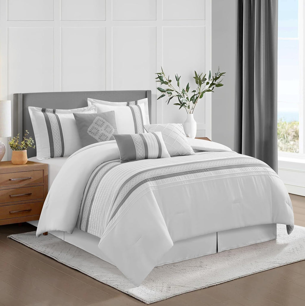 Grand Avenue Striped 7 Piece Grey White Comforter Set, California King Size Microfiber Bedding, All Season Bedding Set, Bed Skirt, Pillows & Shams