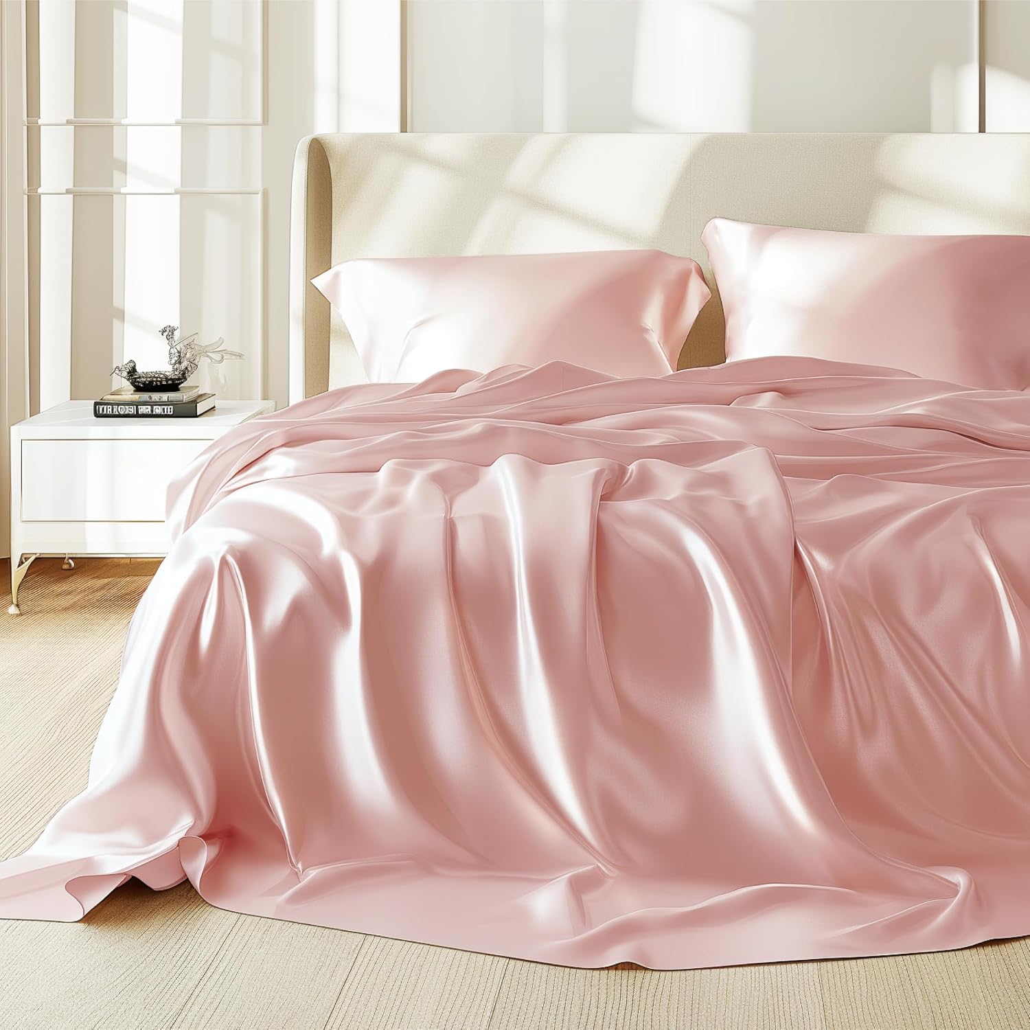 22 Momme 100% Mulberry Silk Bedding Set - 4-Piece Luxury Queen Size (2 Pillowcases, 1 Fitted Sheet, 1 Flat Sheet) - Fits 14-16' Deep Pocket (Solid, Light Pink)