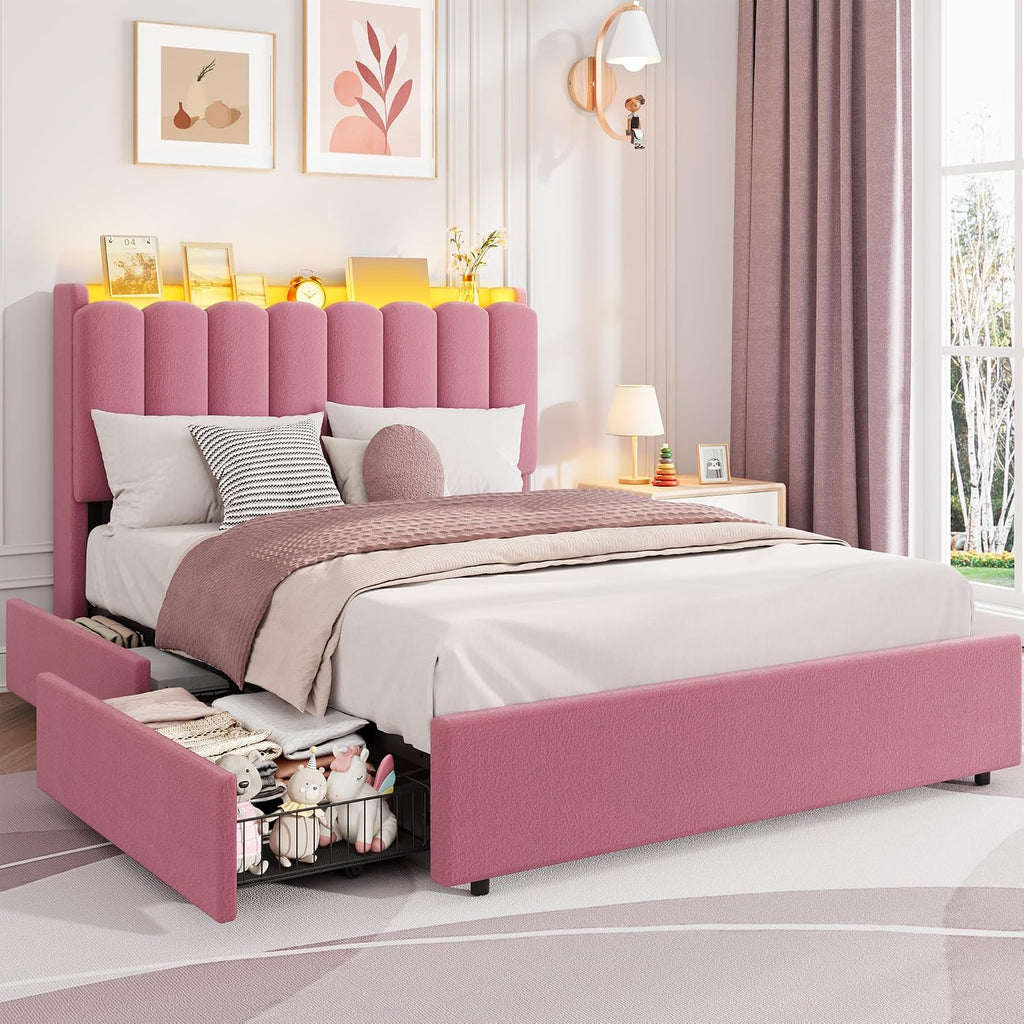 Garvee LED Full Size Bed Frame with Storage Headboard, Kids Bed Frame with 2 Drawers, Boucle Upholstered Platform Bed for Girls, Chic Wavy Headboard with Bookcase, No Box Spring Needed, Dark Pink