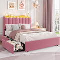 Garvee LED Full Size Bed Frame with Storage Headboard, Kids Bed Frame with 2 Drawers, Boucle Upholstered Platform Bed for Girls, Chic Wavy Headboard with Bookcase, No Box Spring Needed, Dark Pink