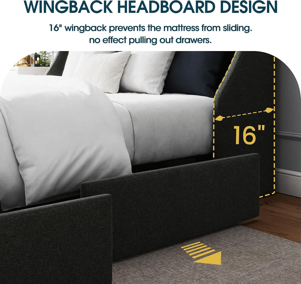WEEWAY Upholstered Queen Size Bed Frame with 4 Storage Drawers and Wingback Headboard, Button Tufted Design, No Box Spring Needed, Easy Assembly, Dark Grey