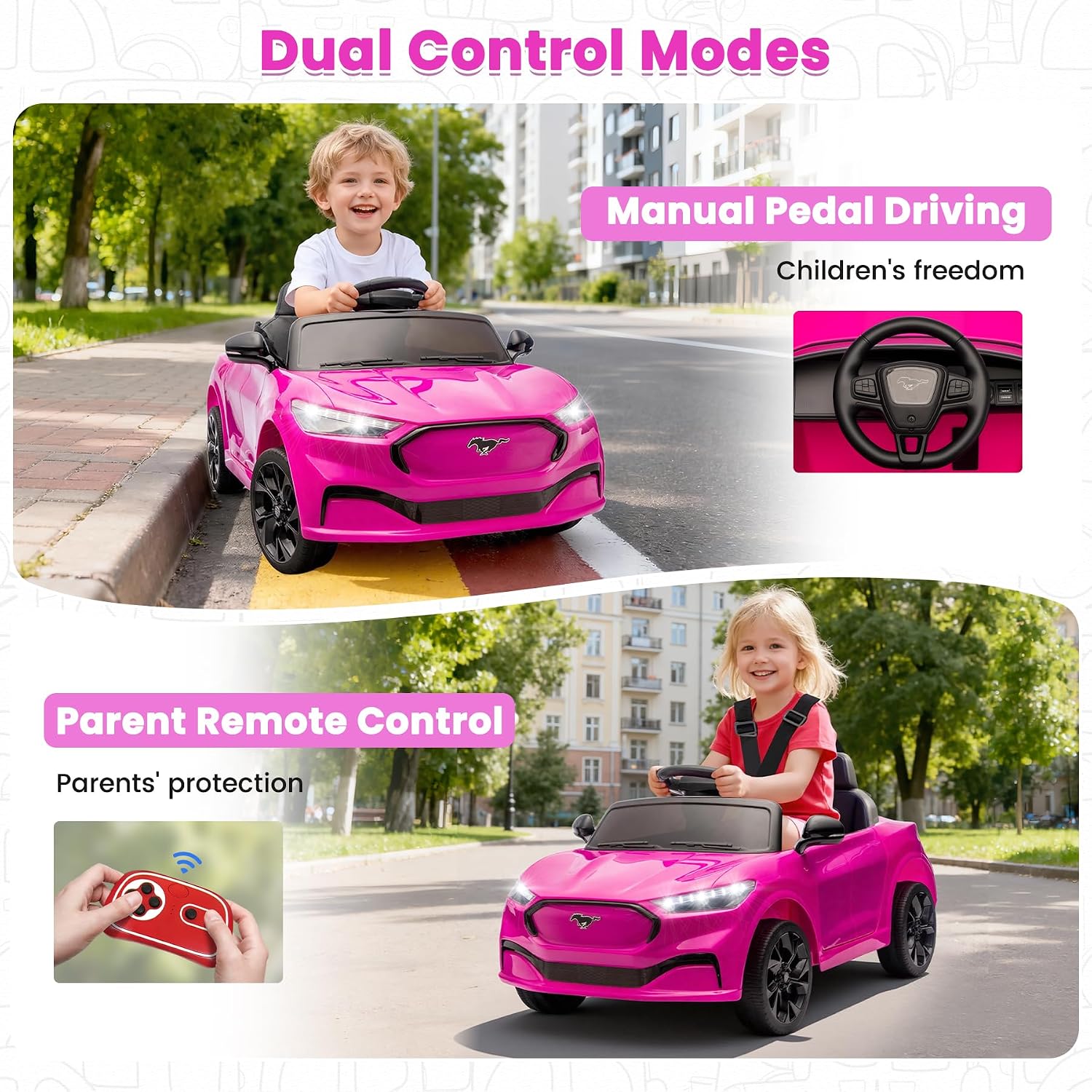 Bobike Electric Ride On Car for Kids, 12V Electric Toddler Car with Remote Control, Ride on Toys for Kids with LED Lights, Music Player, Lockable Doors(Hot Pink)